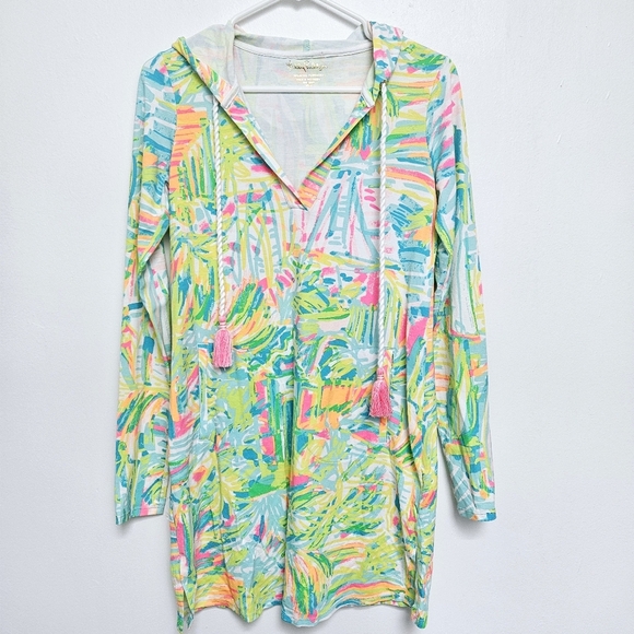 Lily Pulitzer Sz XS Rylie UPF Hooded Cover Up Sea Salt & Sunrope Tassel Dress - Picture 4 of 13
